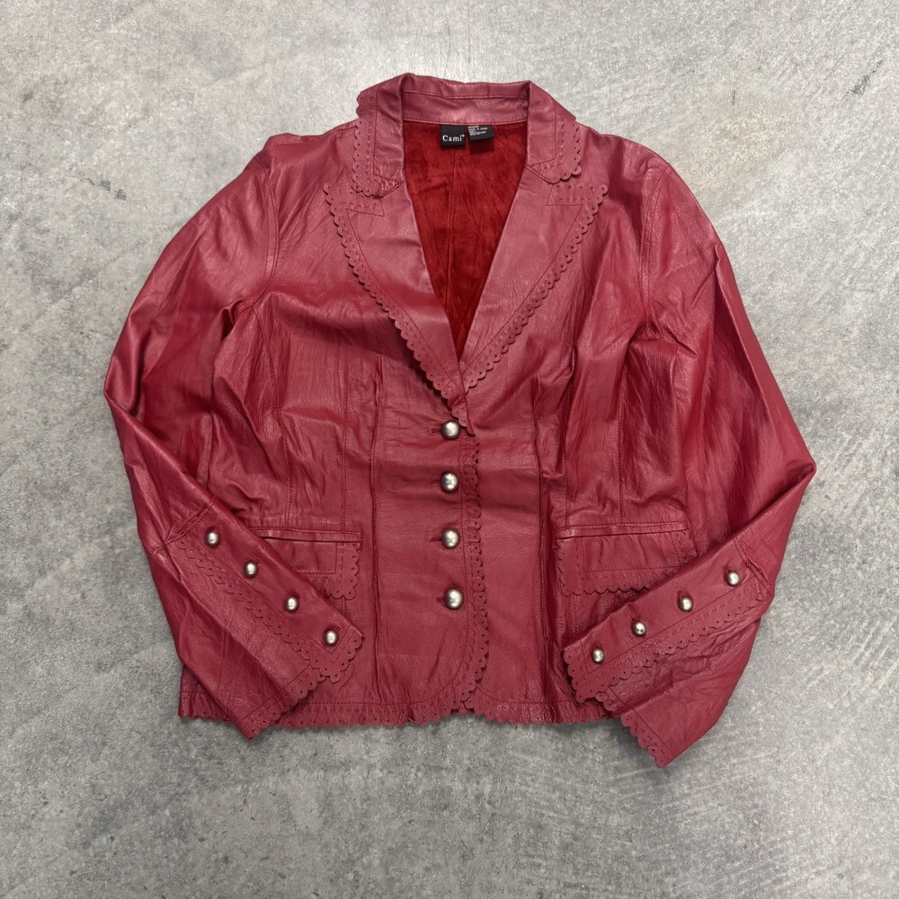 Vintage Cami Red Leather Blazer Jacket Womens 12 Western Scalloped Studded